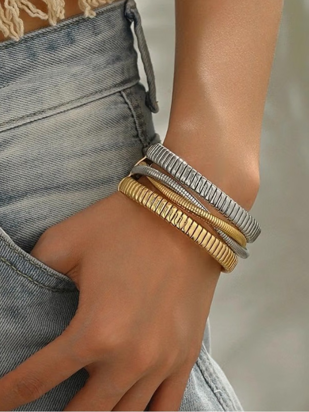 Metallic Two-Tone Ribbed Cuff Bracelet Set